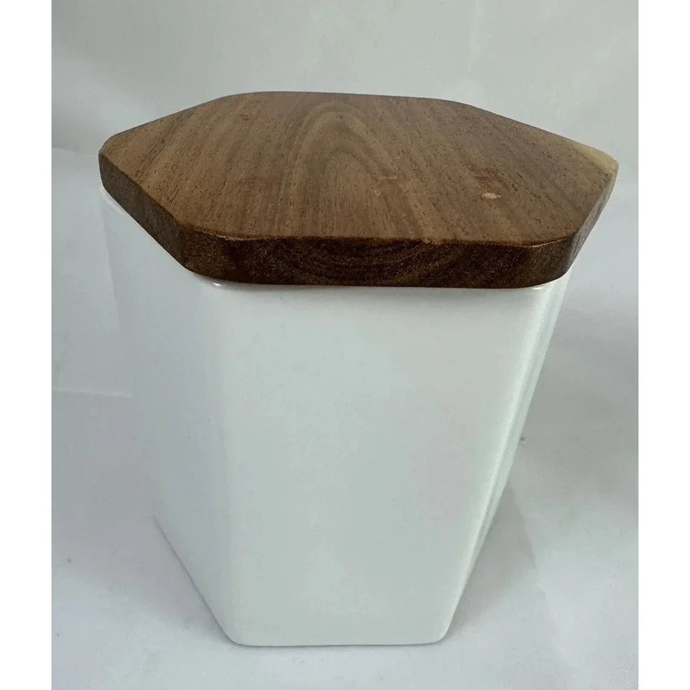TEAVANA White Hexagon Porcelain Tea Kitchen Storage Canister 4 oz Wooden Lid